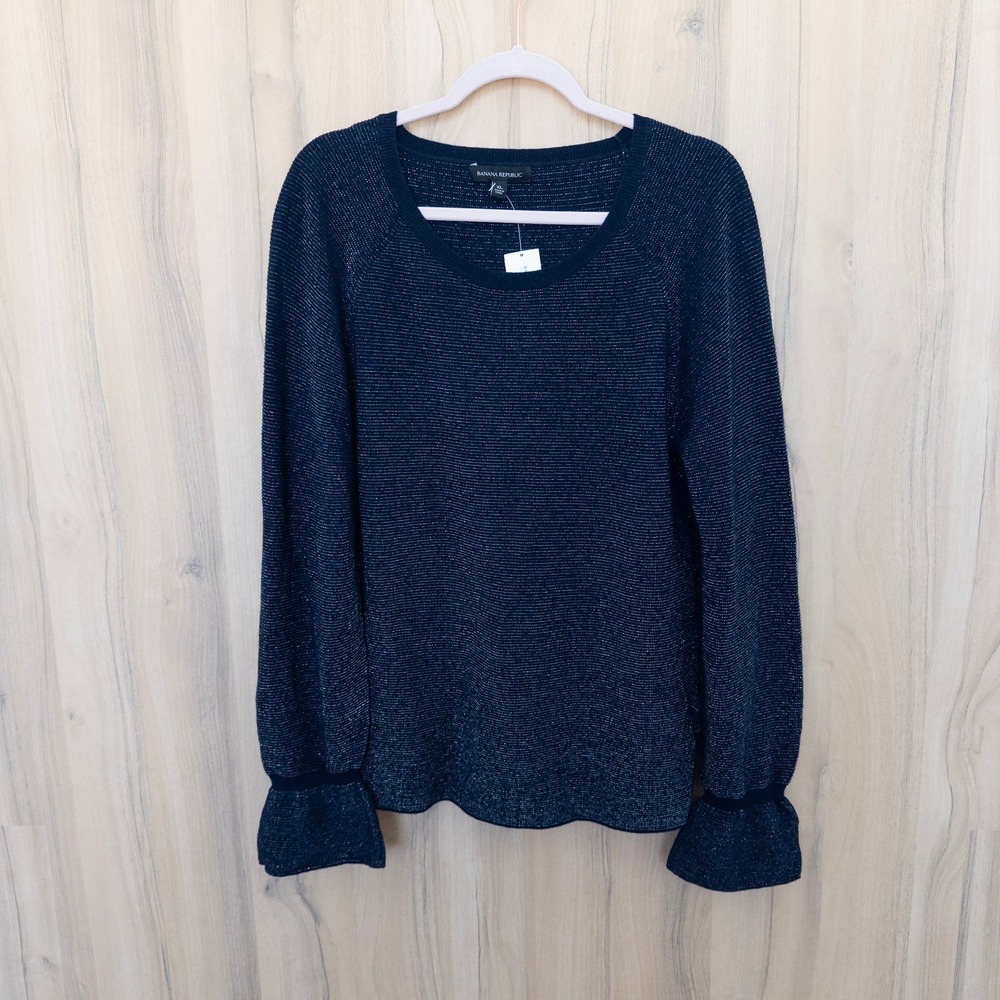 Banana Republic Women Wool Cashmere Sweater XL Navy Metallic Ruffle Shimmer Chic
